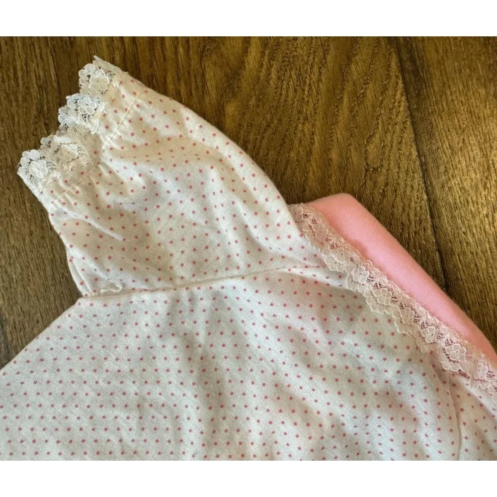 Vintage Baby Terry Brand Girl Outfit 3 3/6 Months Pink Dots Bow Lace Square Snap